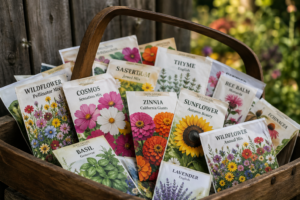 Colorful seed packets for chaos gardening including wildflowers, herbs, and zinnias