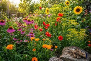 Chaos garden with coneflowers, sunflowers, calendula, poppies and dill growing together wildly