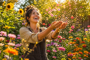 Woman tossing wildflower seeds into a chaos garden in full bloom with zinnias and sunflowers (The "Messy Garden" Trend)