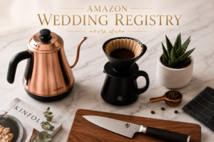 Amazon wedding registry kitchen essentials including electric kettle, pour-over coffee maker and chef's knife on marble counter