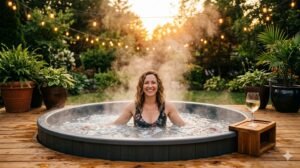 Woman relaxing in backyard hot tub on cedar deck at sunset
