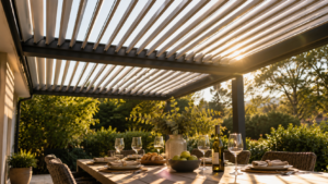 Adjustable louvered pergola roof casting shadows over outdoor dining table
