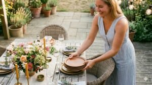 Woman setting outdoor dining table for summer gathering