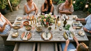 Styled 8-seater patio dining table set for summer dinner party