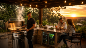 Man grilling at a backyard outdoor kitchen setup with stone countertop and string lights at golden hour.