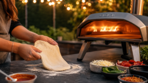 Wood-fired pizza oven on outdoor kitchen counter with fresh dough and toppings in backyard setup.