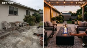 Before and after patio transformation with rectangular fire pit table as centerpiece