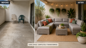 Before and after patio transformation with outdoor sectional sofa set