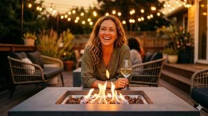 Woman relaxing next to a modern propane fire pit table on a summer evening patio