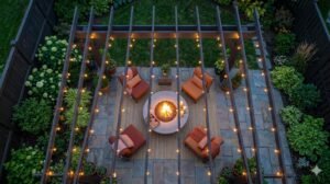 Round concrete fire pit table styled patio with string lights and outdoor chairs