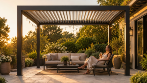Woman relaxing under modern aluminum louvered pergola on summer patio