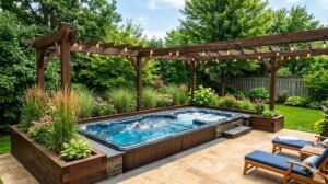 Semi-inground swim spa in suburban backyard with pergola and pavers